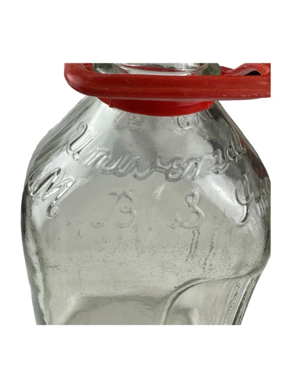 Vintage Glass Milk Bottle With Red Handle - Embossed Script Design - 10 Inches T